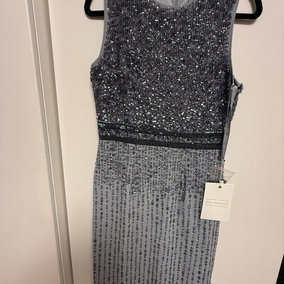 NWT | Mac Duggal A10509 Platinum Gray Sleeveless Beaded Midi Dress Size 4 - Picture 8 of 12